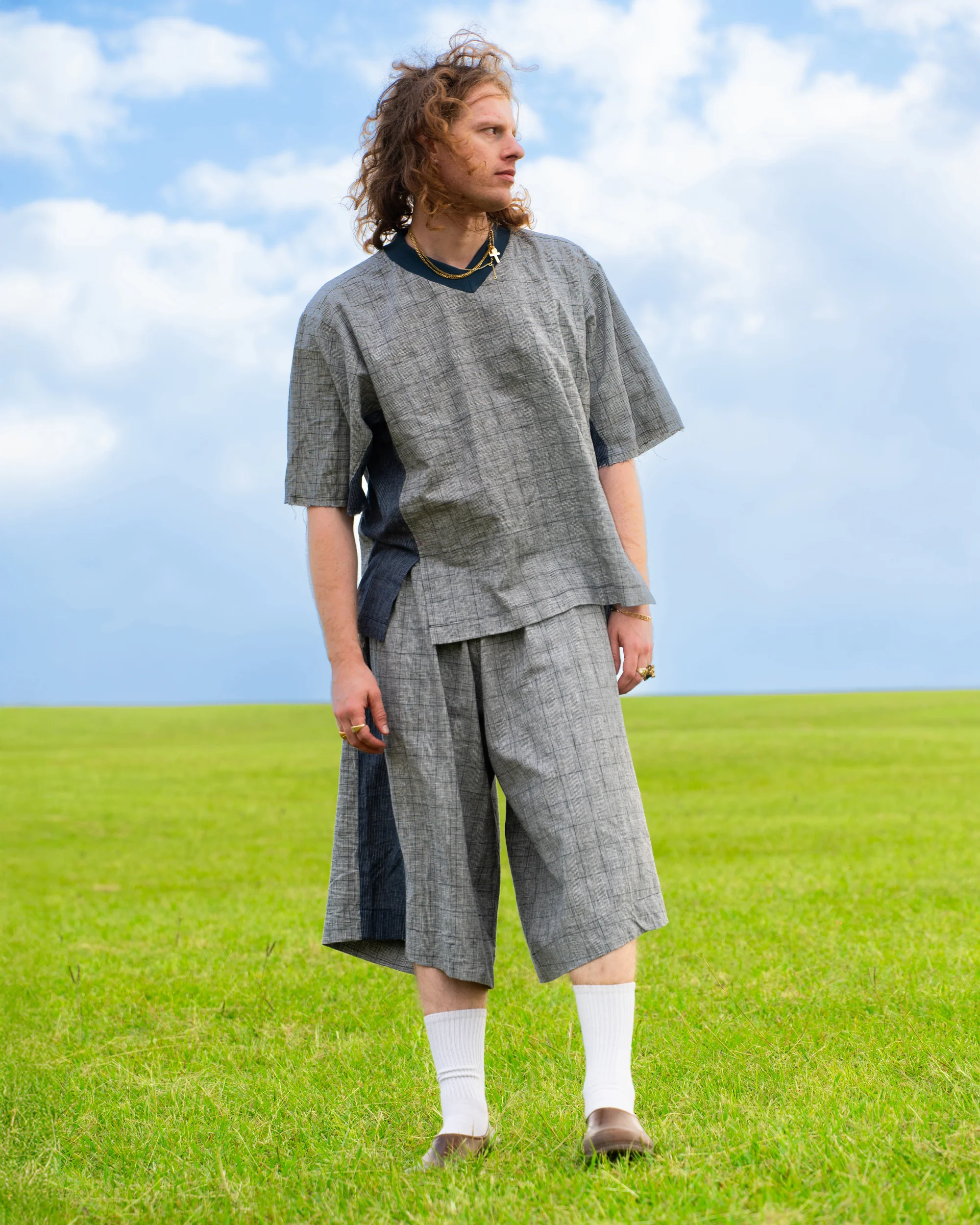 Hiro Jersey Top in Grey Plaid - Image 11